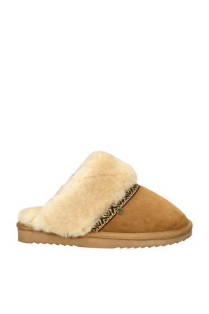 suède pantoffels cognac