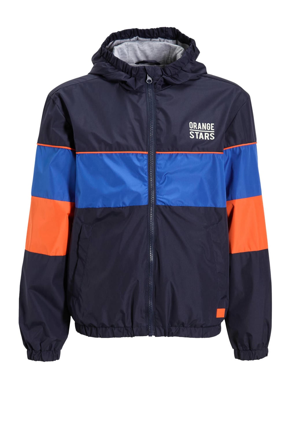 Donkerblauwe jongens Orange Stars colourblock sporty jacket van polyester met lange mouwen, capuchon en ritssluiting