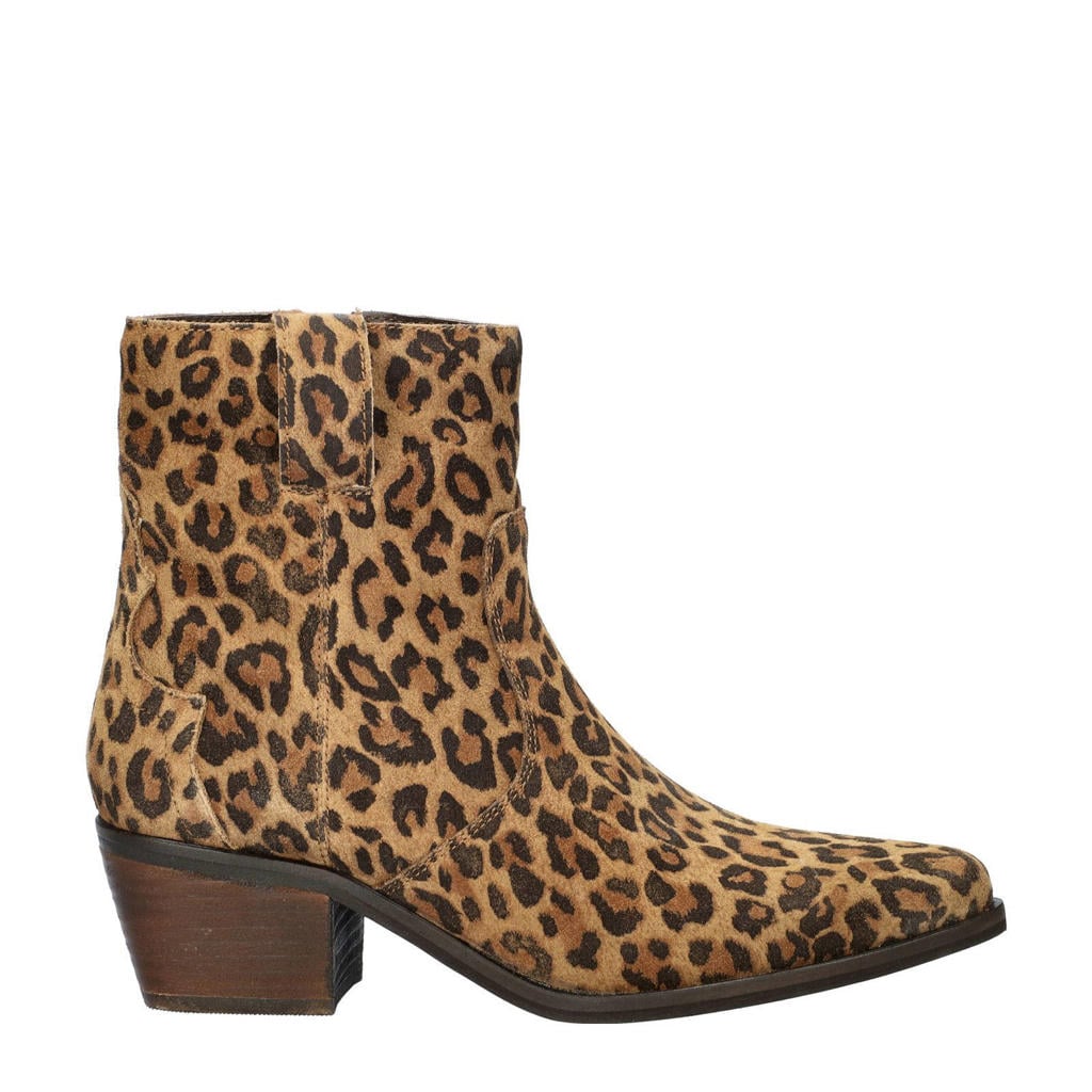 Beige dames Nelson suède cowboylaarzen met ritssluiting en panterprint