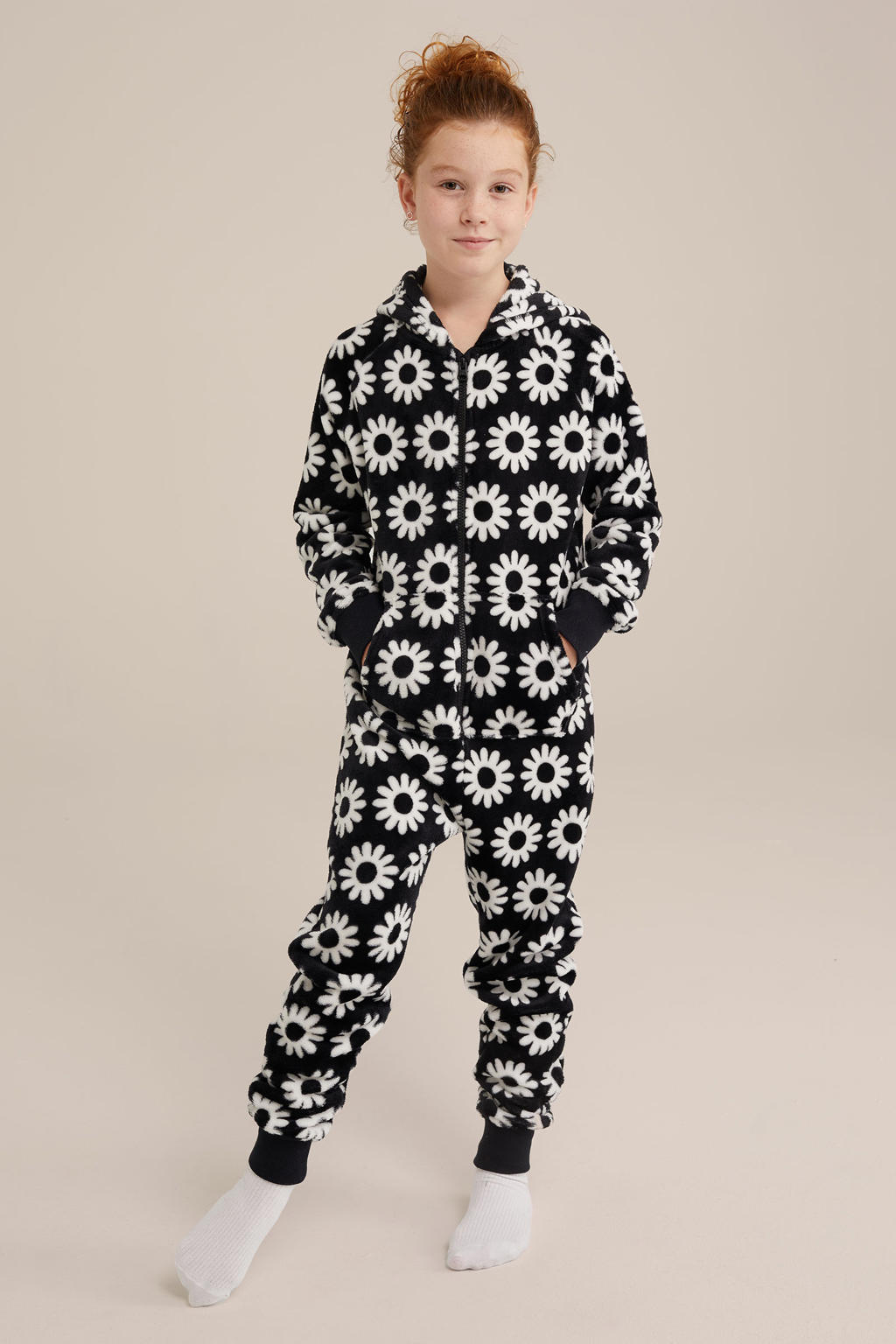 WE Fashion fleece onesie zwart/wit