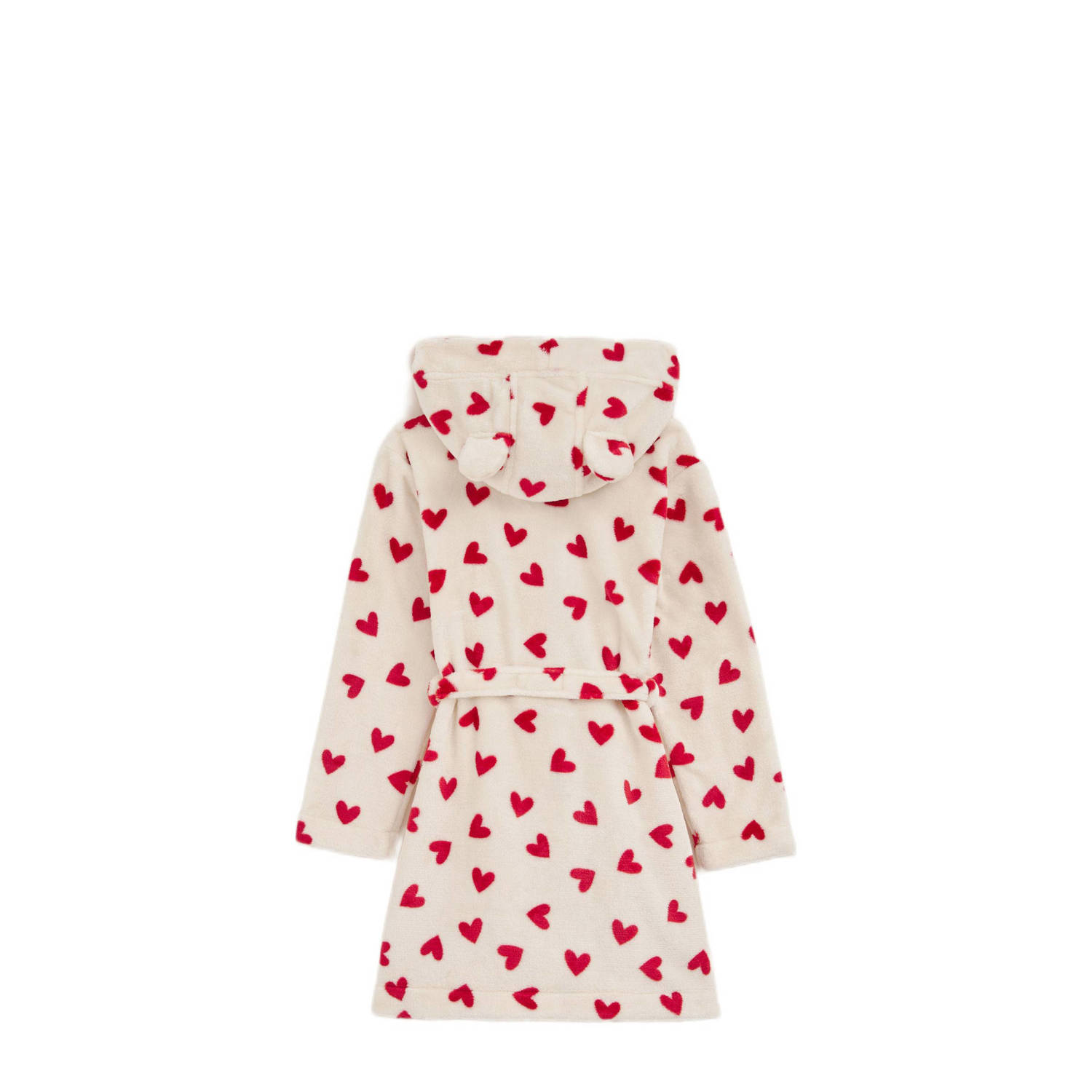 WE Fashion fleece badjas met hartjes print offwhite rood