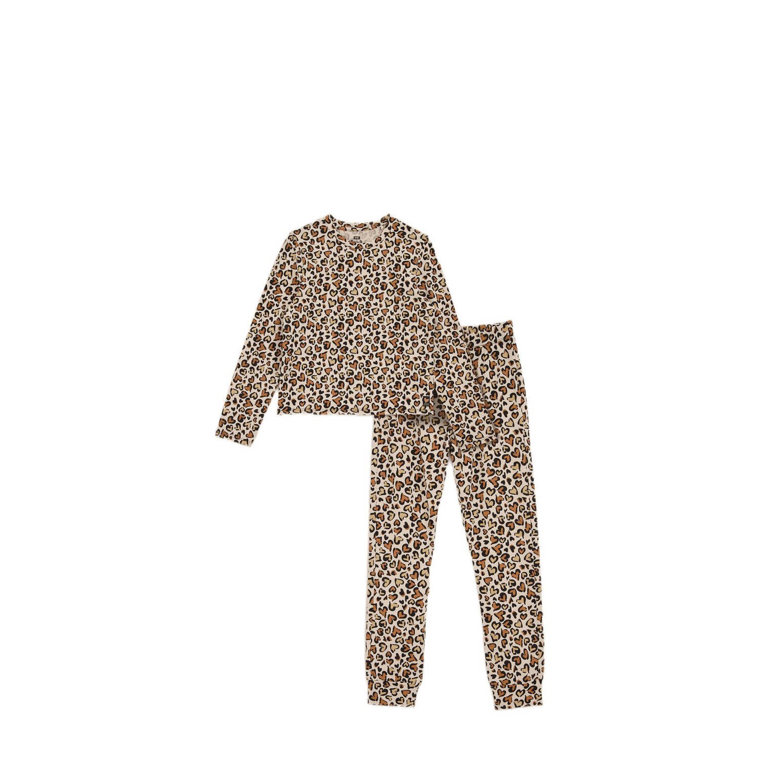 WE Fashion pyjama met panter hartjes print beige zwart