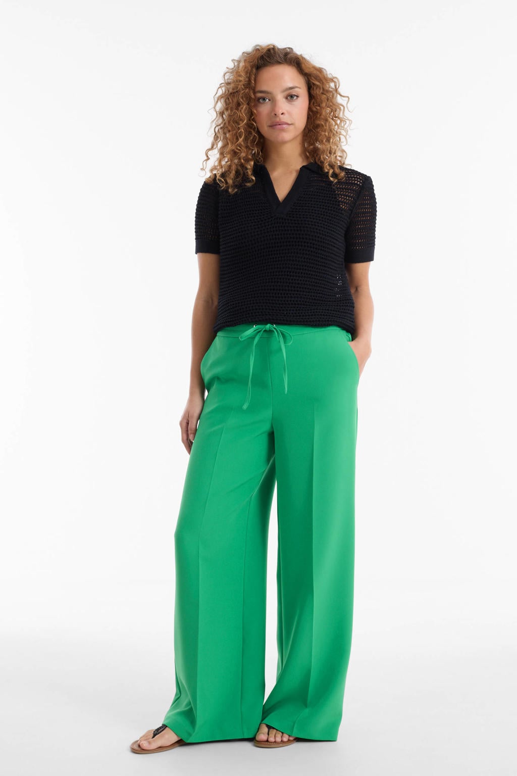 Groene dames Anytime wide leg broek met high waist, elastische tailleband met koord en effen