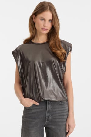 glitter top met schoudervulling zilver