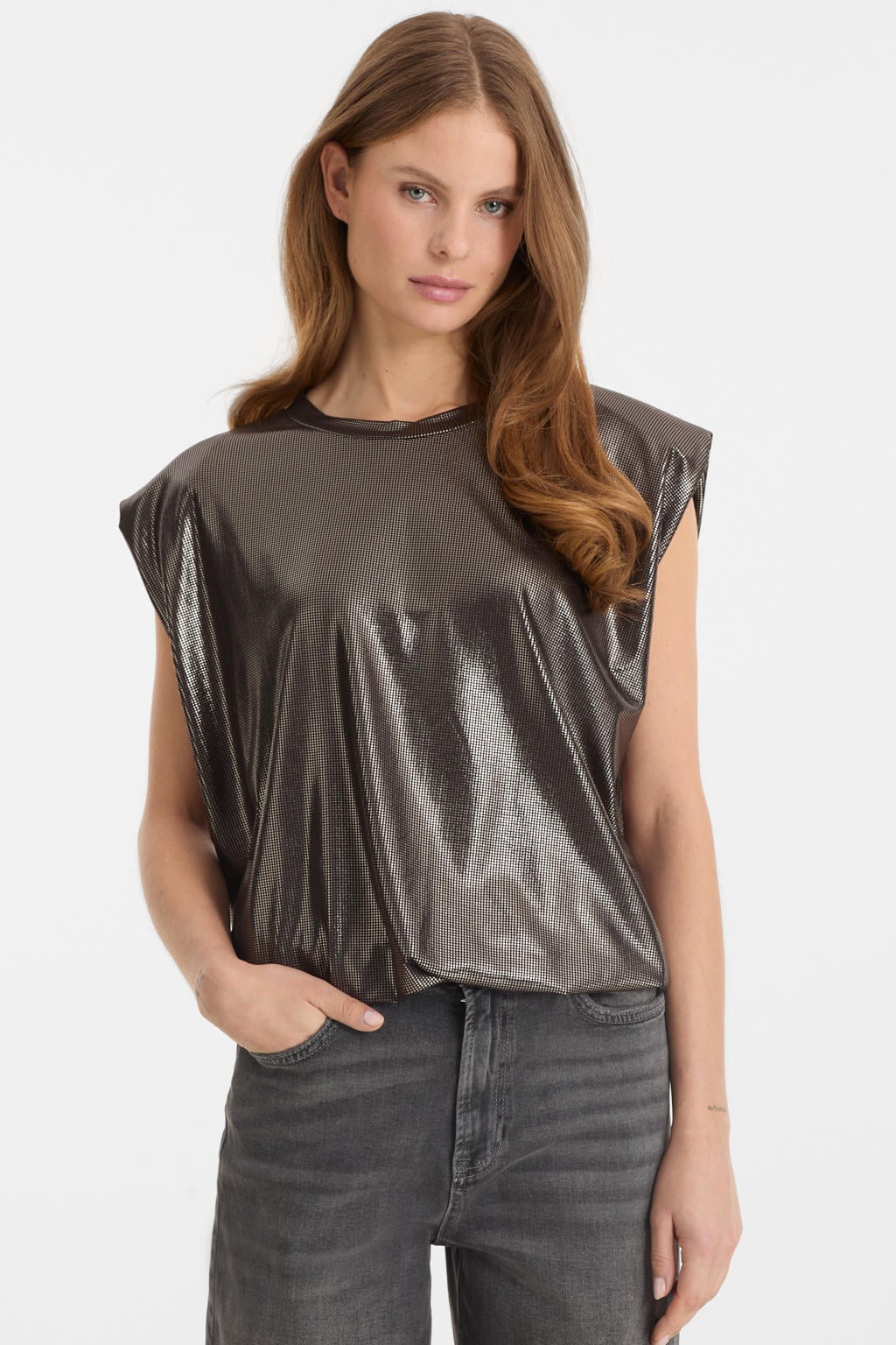 Zilverkleurige dames Anytime glitter top van polyester met korte mouwen, ronde hals en glimmend detail
