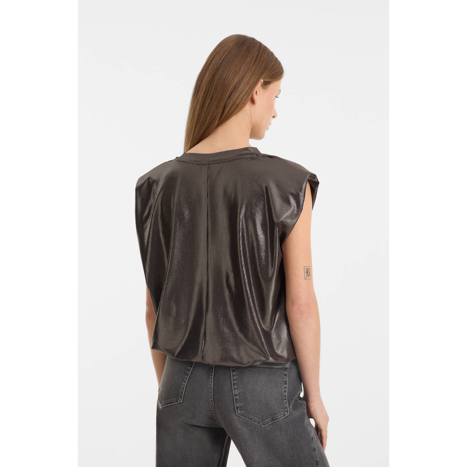 anytime glitter top met schoudervulling zilver