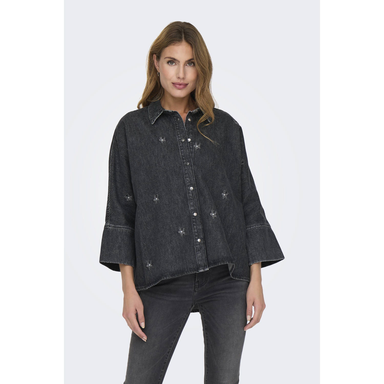 ONLY gebloemde denim blouse ONLGRACE black denim