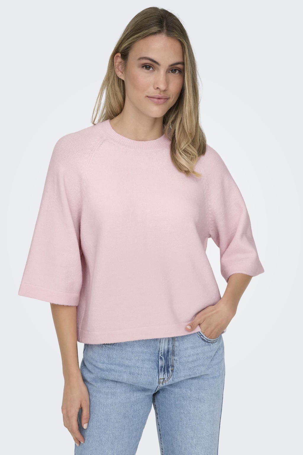 Lichtroze dames ONLY pullover van acryl met effen, driekwart mouwen, ronde hals en gebreide details