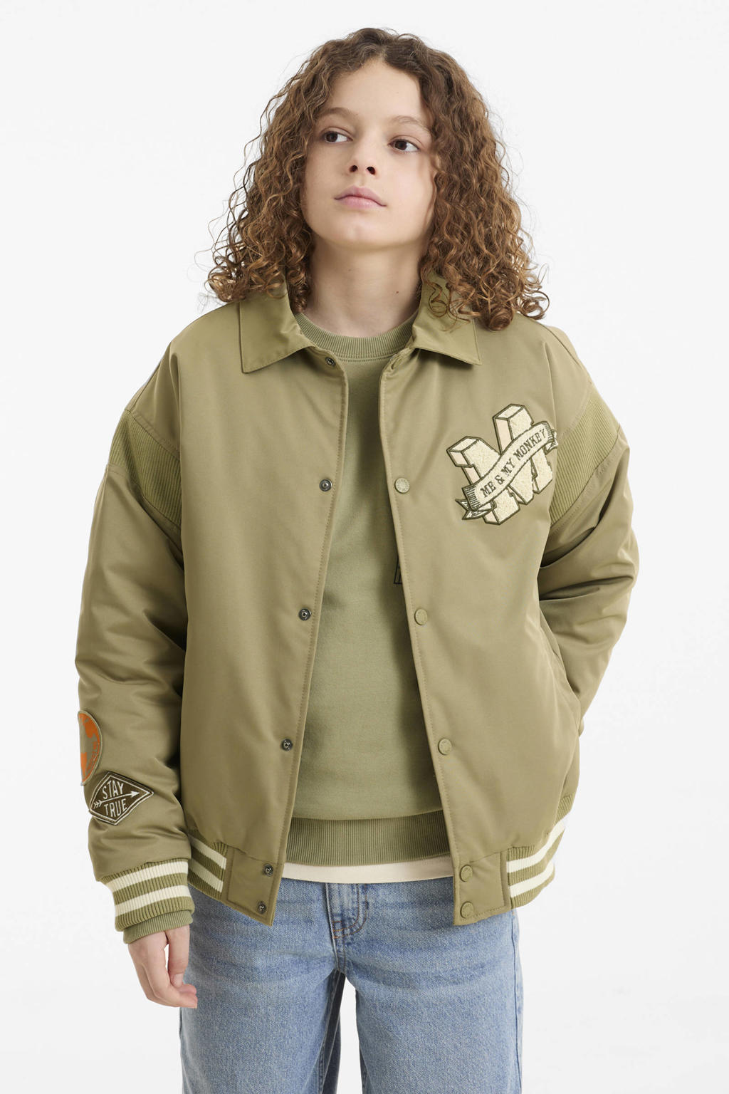 Groene jongens Me & My Monkey bomerjack van polyester met lange mouwen, polo kraag en drukknoopsluiting
