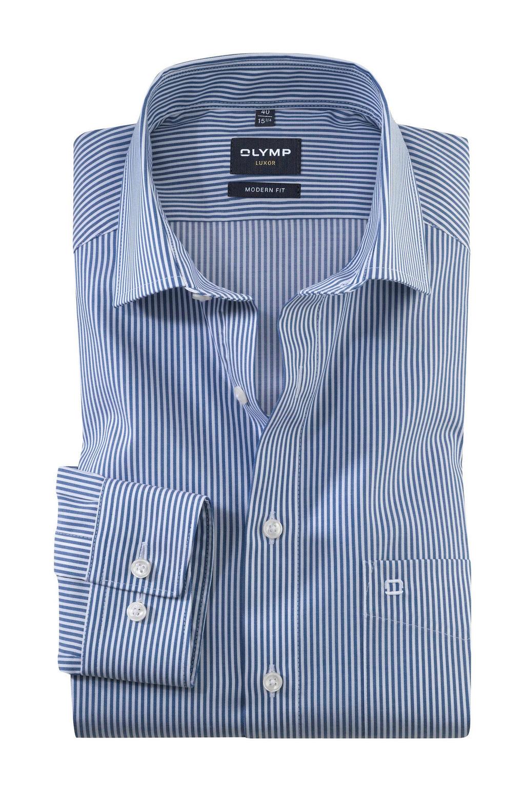 Blauwe heren Olymp zakelijk overhemd Luxor van katoen met strepenprint, extra lange mouwen, klassieke kraag en knoopsluiting
