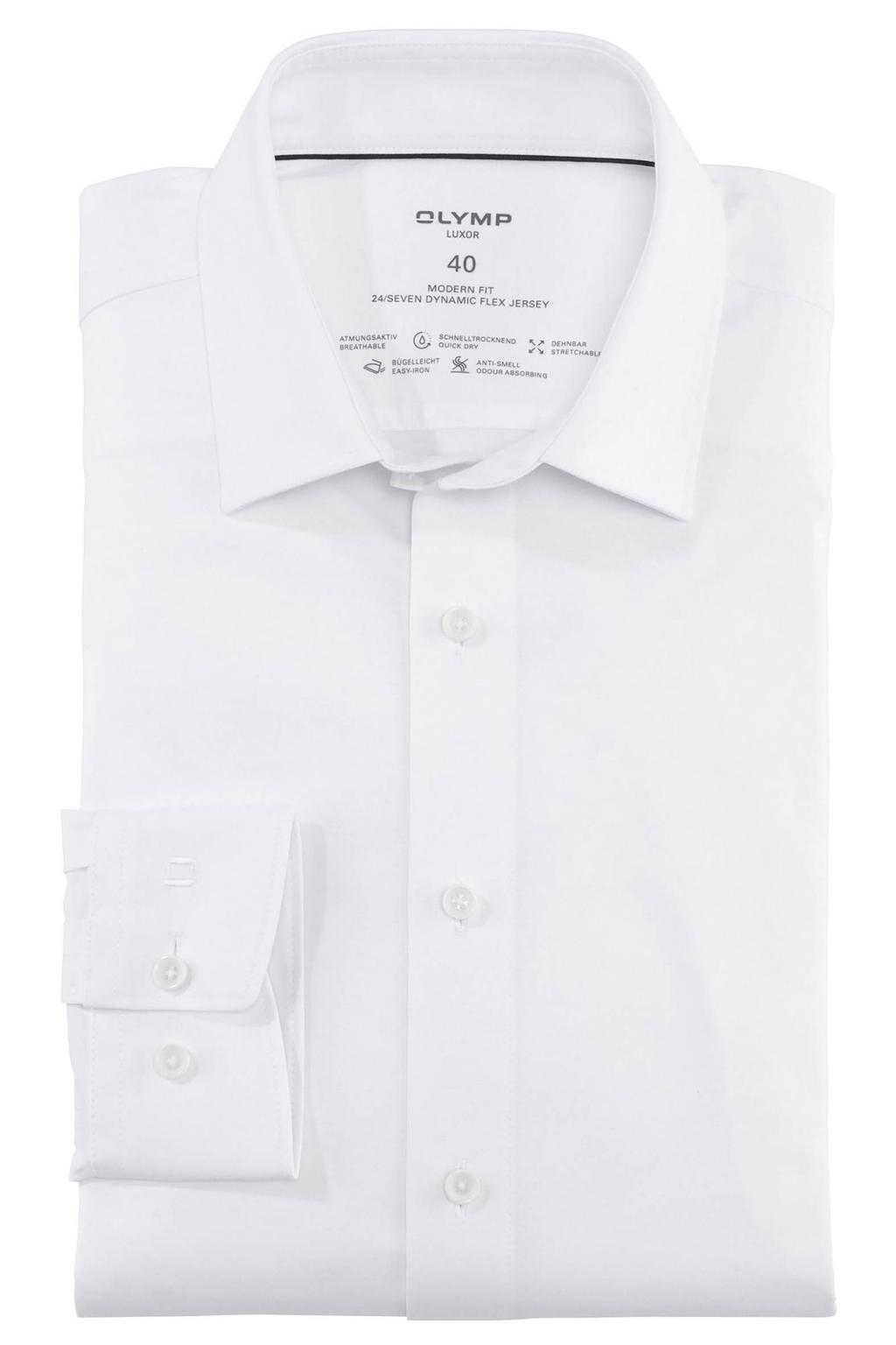 Witte heren Olymp jersey overhemd 24 7 Luxor modern fit van katoen met effen, lange mouwen en klassieke kraag