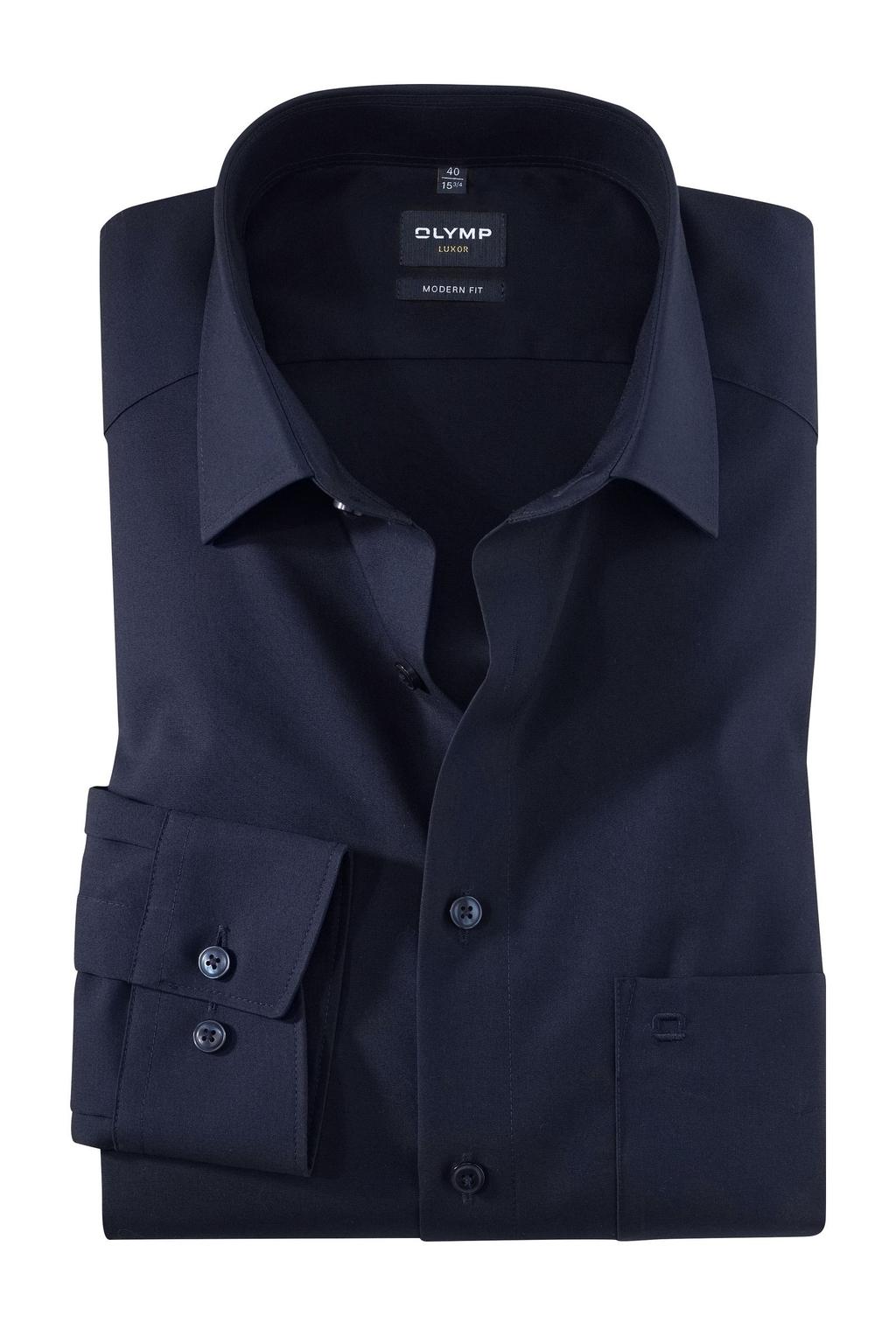 Donkerblauwe heren Olymp zakelijk overhemd poplin Luxor modern fit van katoen met effen, lange mouwen en klassieke kraag
