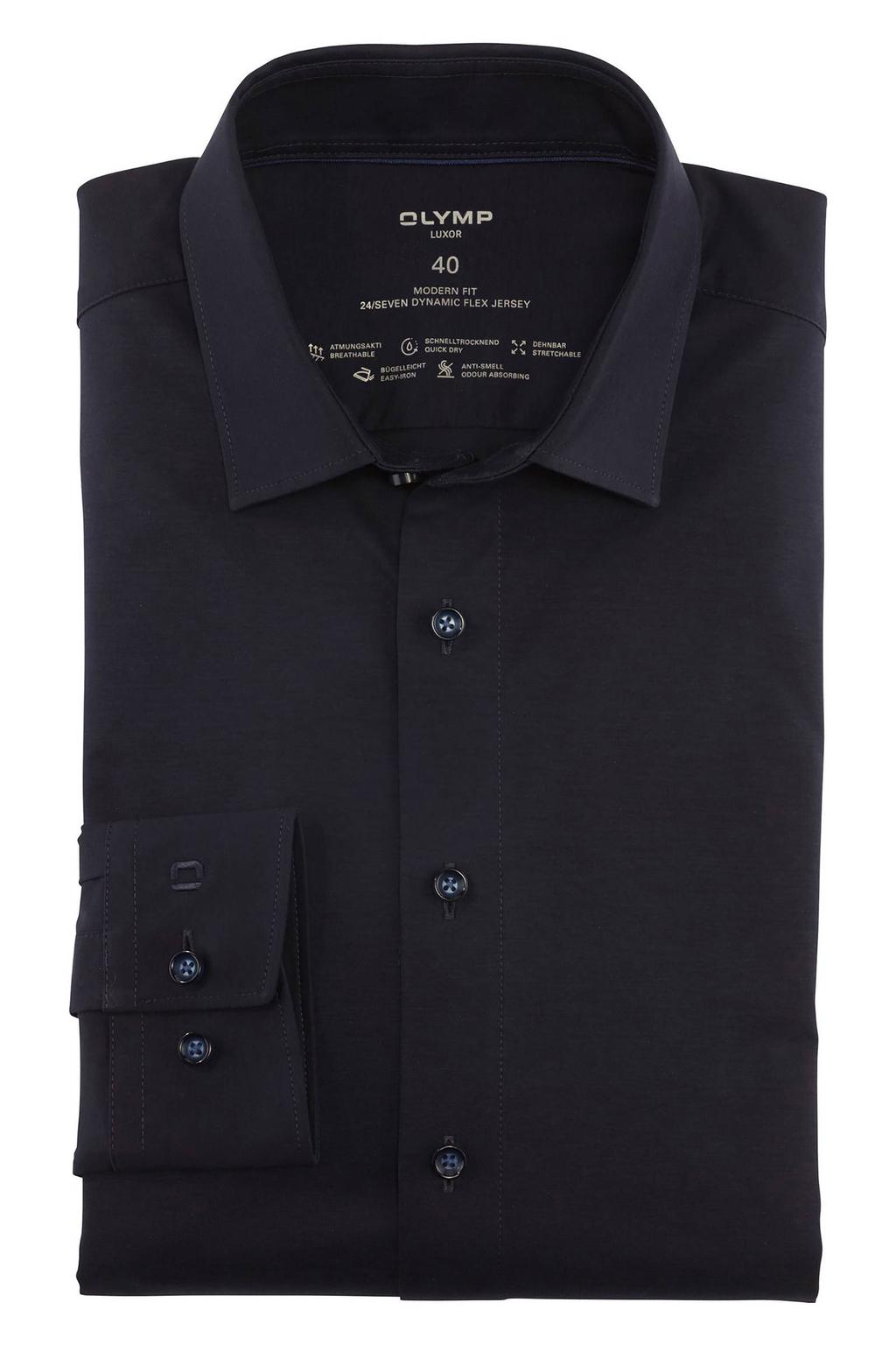 Donkerblauwe heren Olymp jersey overhemd 24 7 Luxor modern fit van katoen met effen, lange mouwen en klassieke kraag