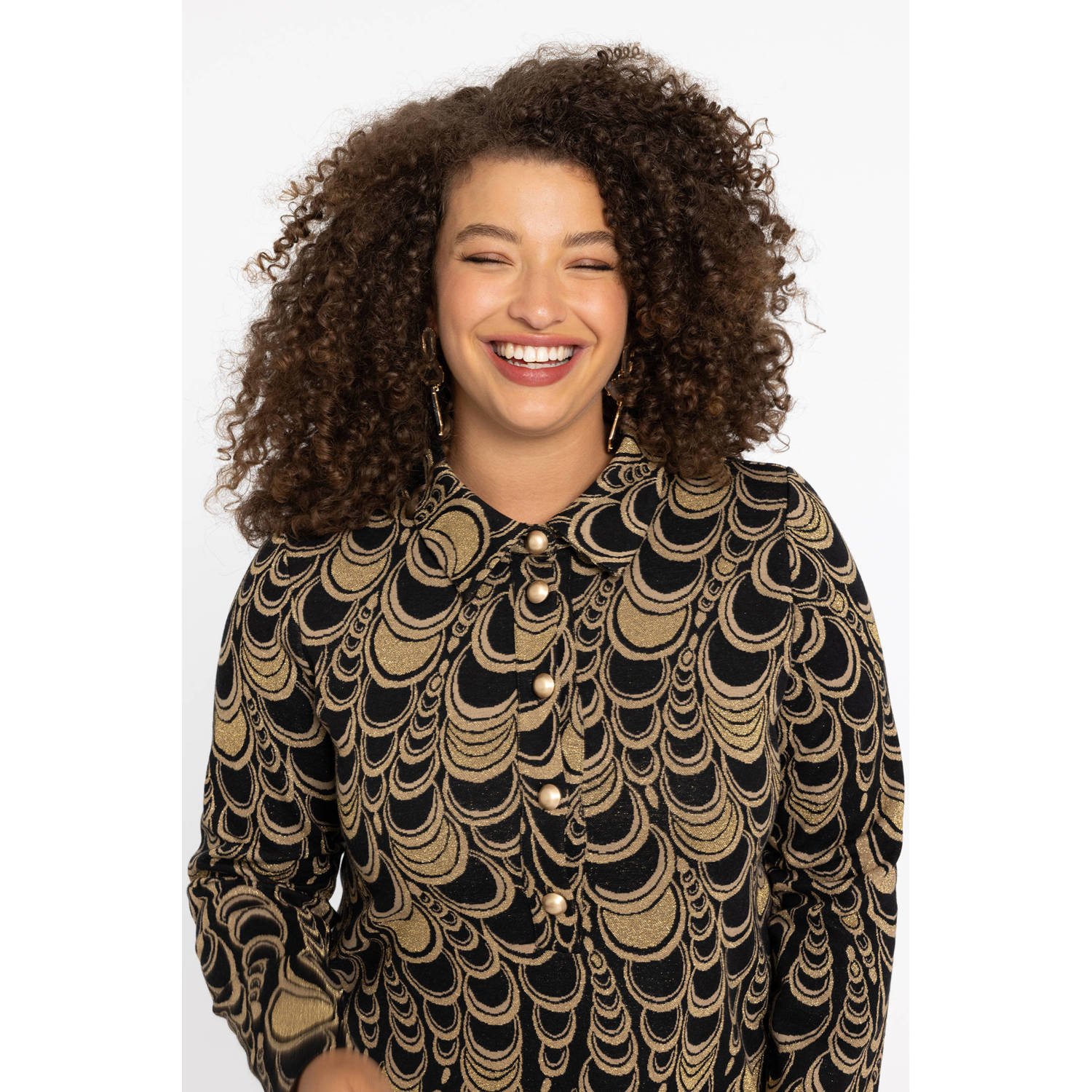 YOEK jurk met all over print goud zwart