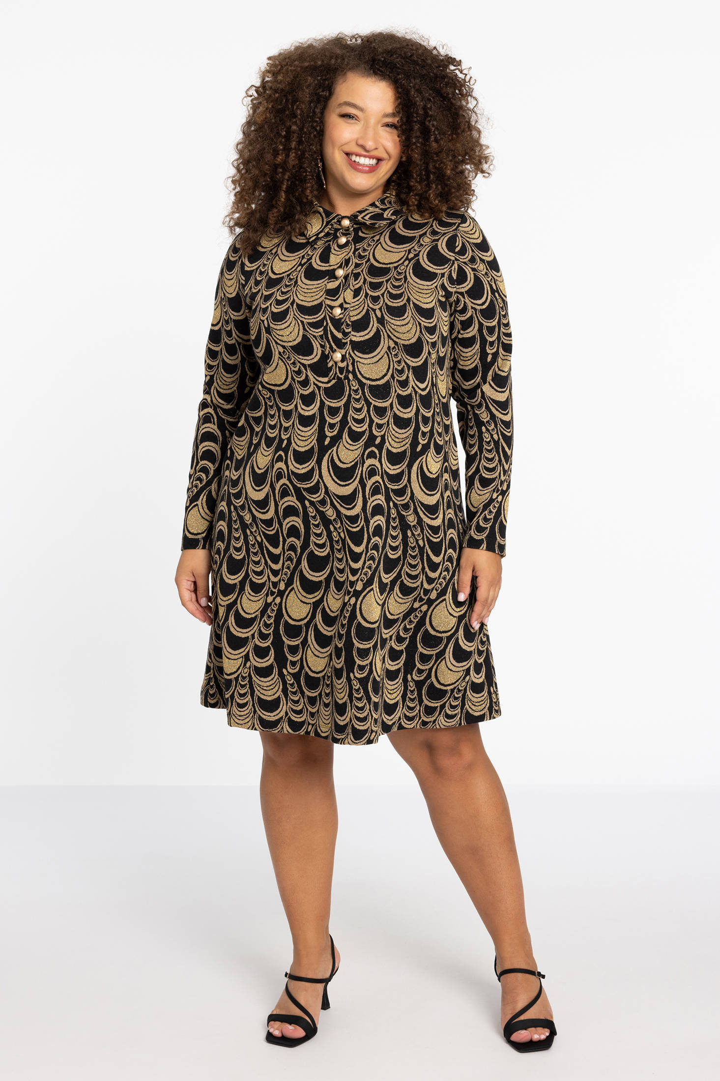 Yoek jurk met all over print goud zwart wehkamp
