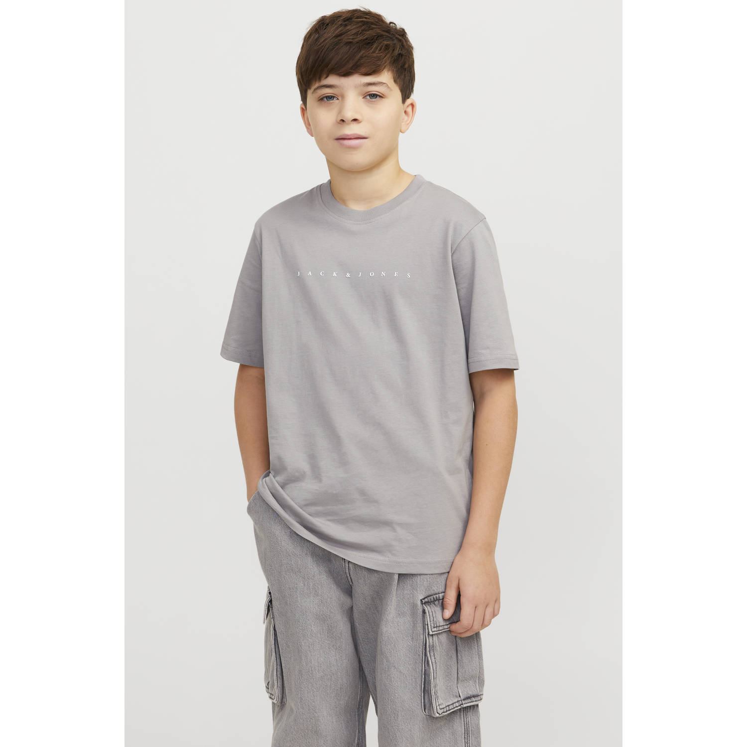 JACK & JONES JUNIOR T-shirt JJESTAR met tekst grijs