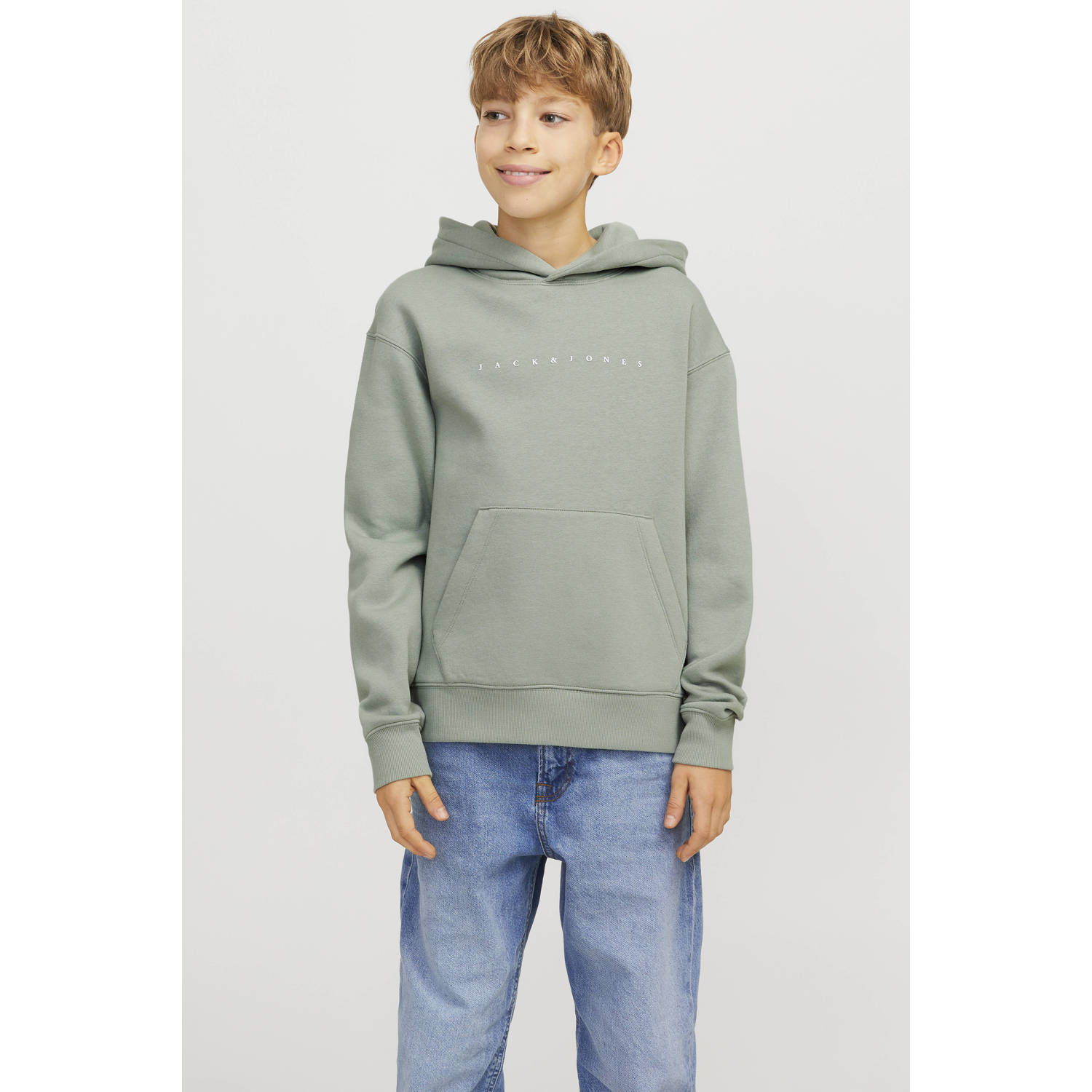 JACK & JONES JUNIOR hoodie JJESTAR met tekst zachtgroen