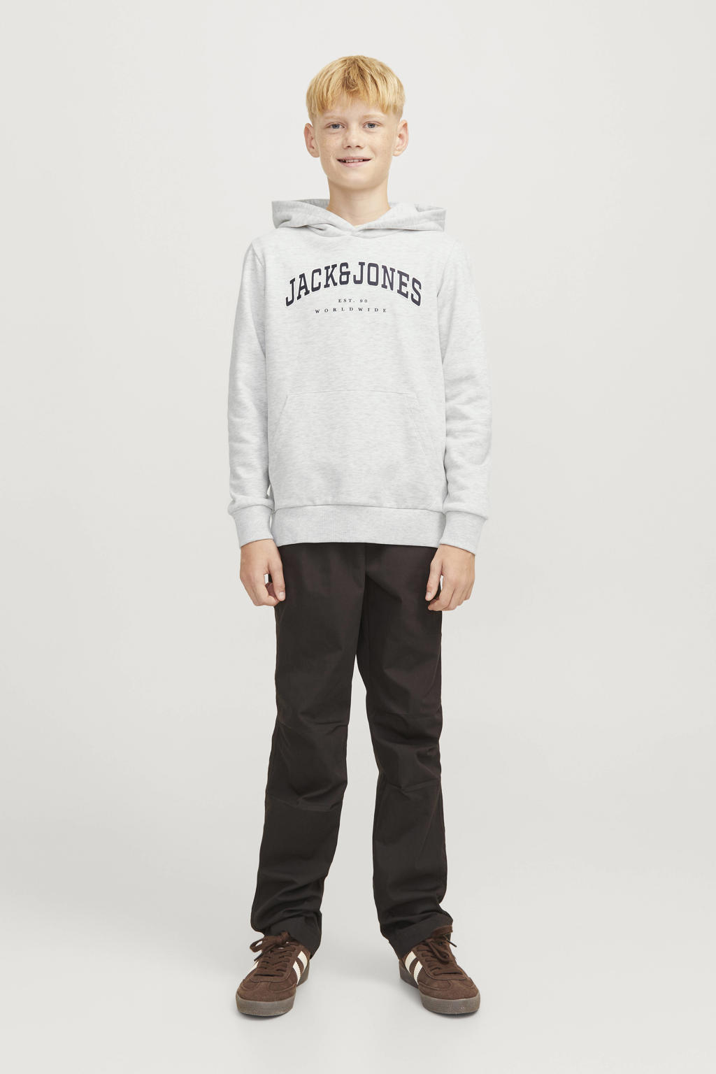 JACK & JONES JUNIOR hoodie JJECALEB VARSITY met logo wit melange
