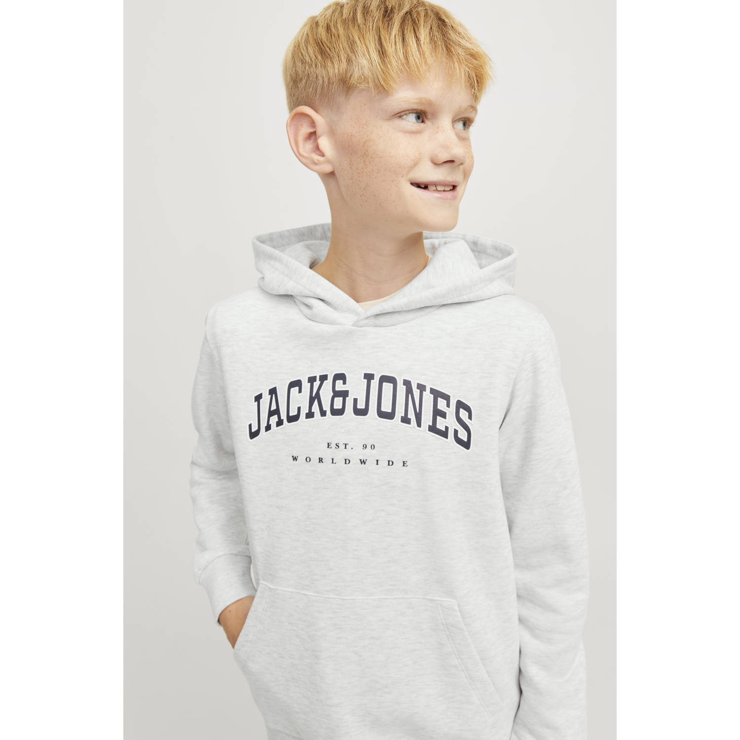 JACK & JONES JUNIOR hoodie JJECALEB VARSITY met logo wit melange