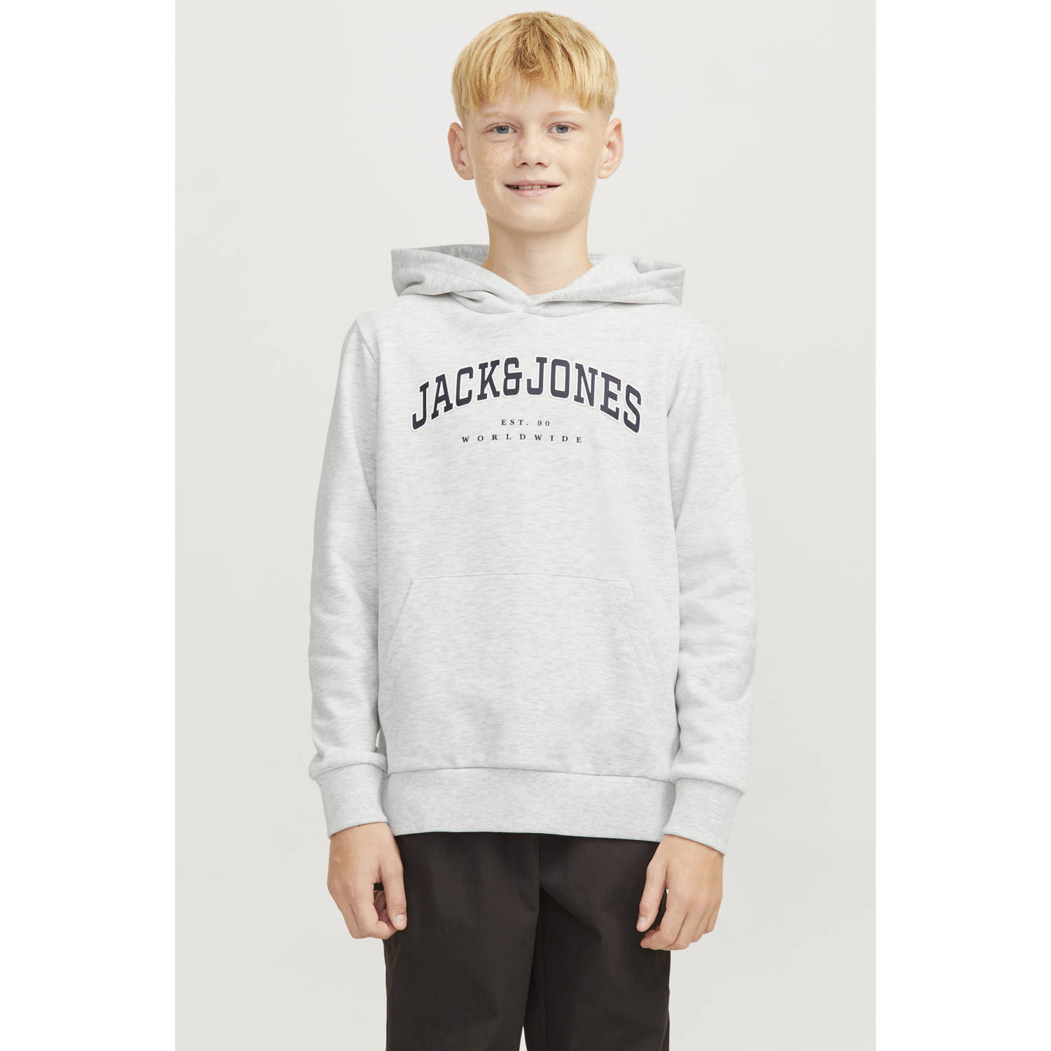 JACK & JONES JUNIOR hoodie JJECALEB VARSITY met logo wit melange