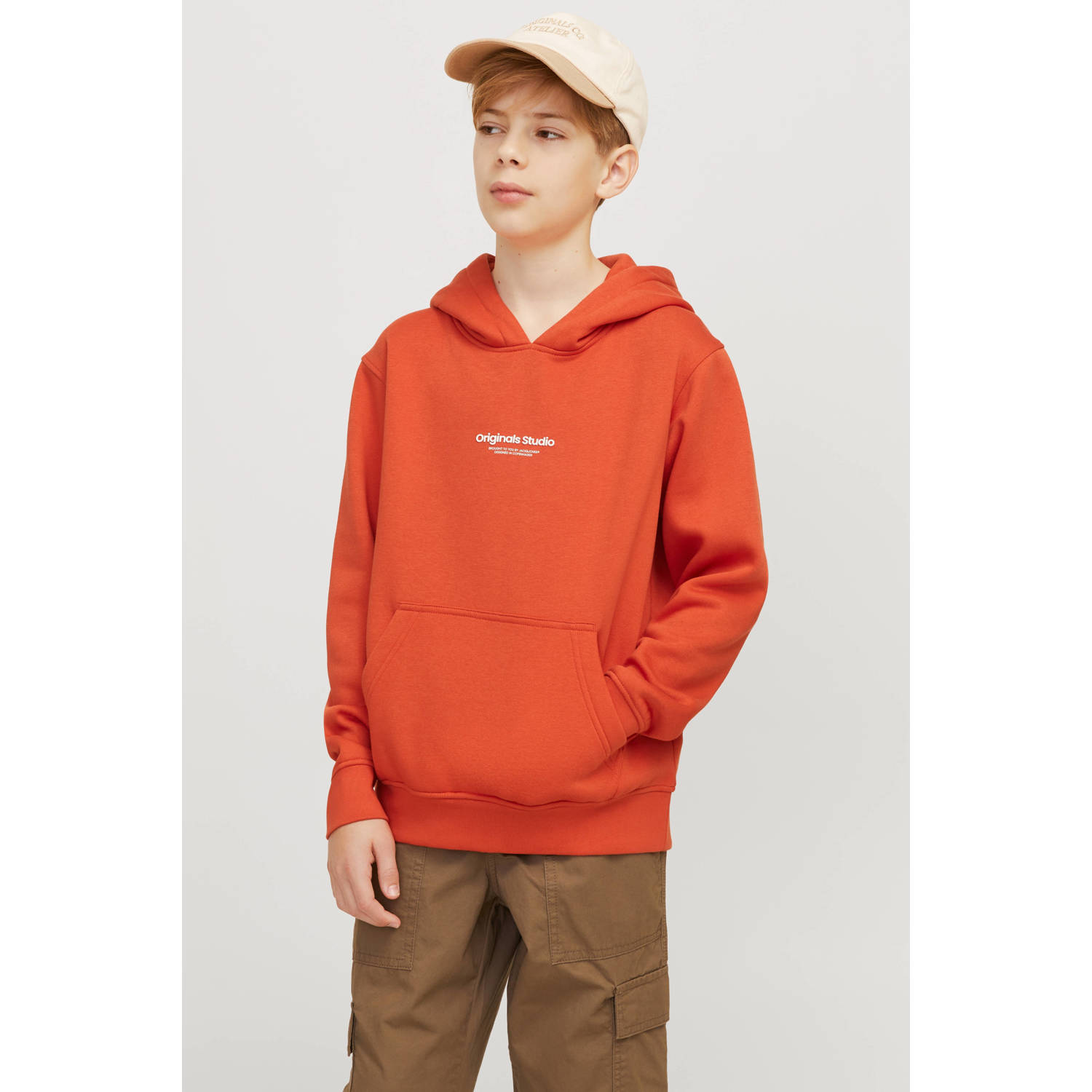 JACK & JONES JUNIOR hoodie JORVESTERBRO met tekst oranjerood