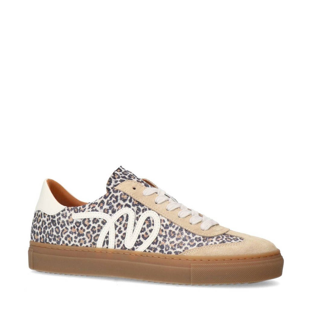 Manfield leren sneakers met panterprint beige/wit/zwart wehkamp