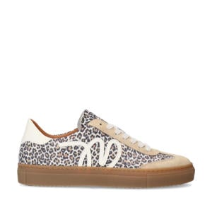 leren sneakers met panterprint beige/wit/zwart