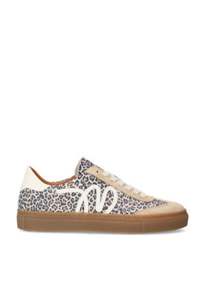 leren sneakers met panterprint beige/wit/zwart