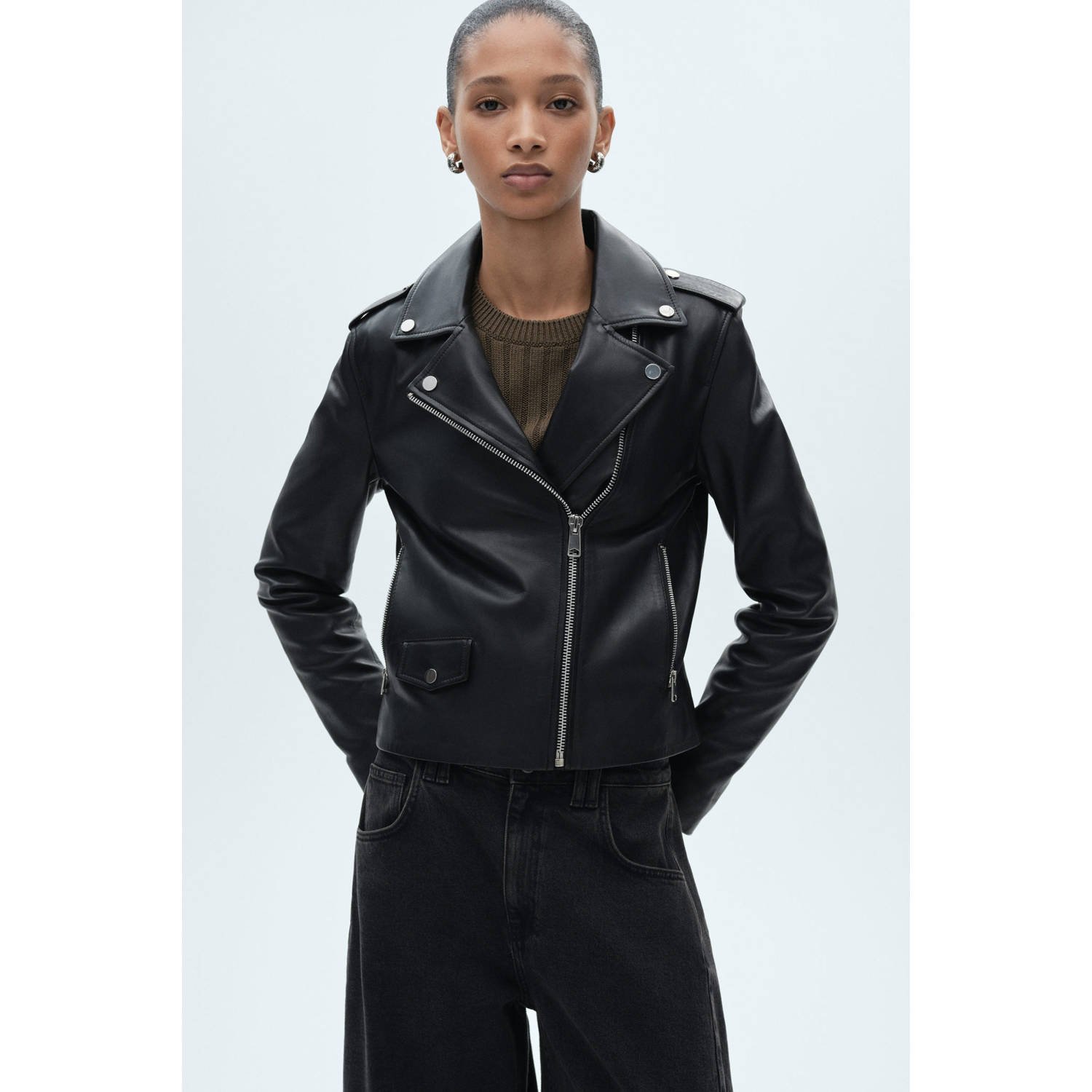 Mango leren biker zwart