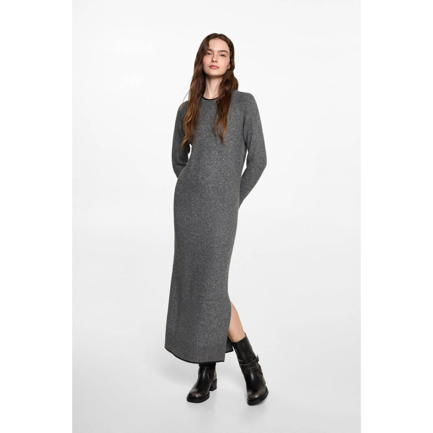 MANGO TEEN maxi jurk grof gebreid grijs