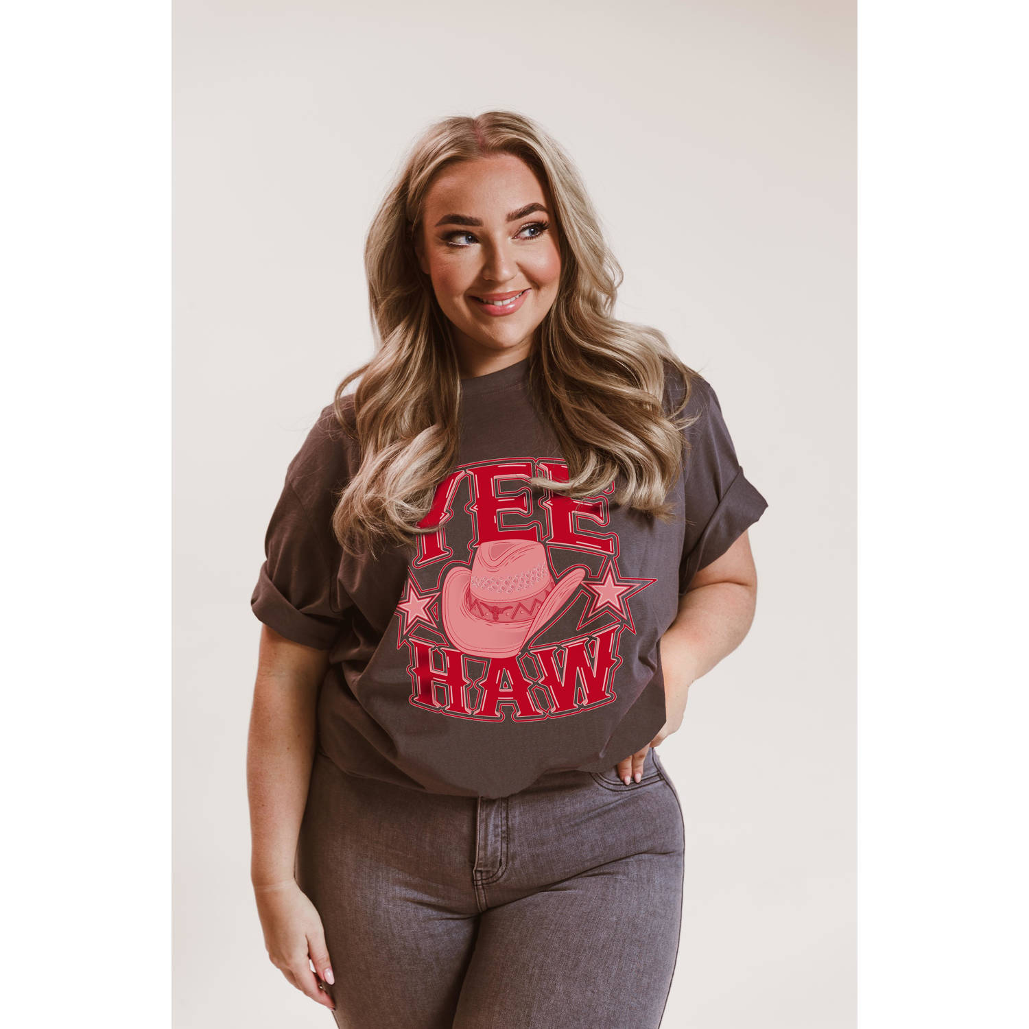 Pinned by K Curve T-shirt met printopdruk grijs rood