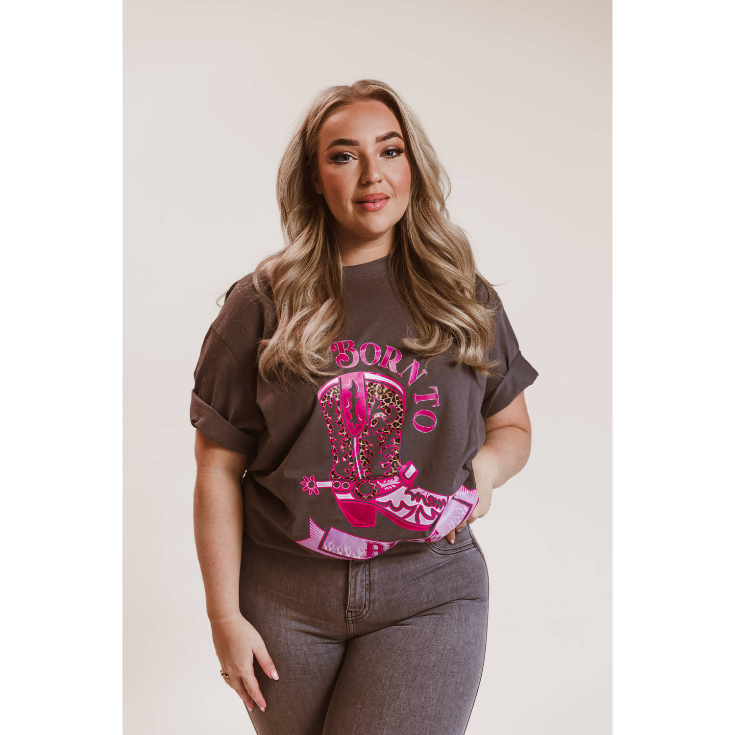 Pinned by K Curve T-shirt met printopdruk grijs roze