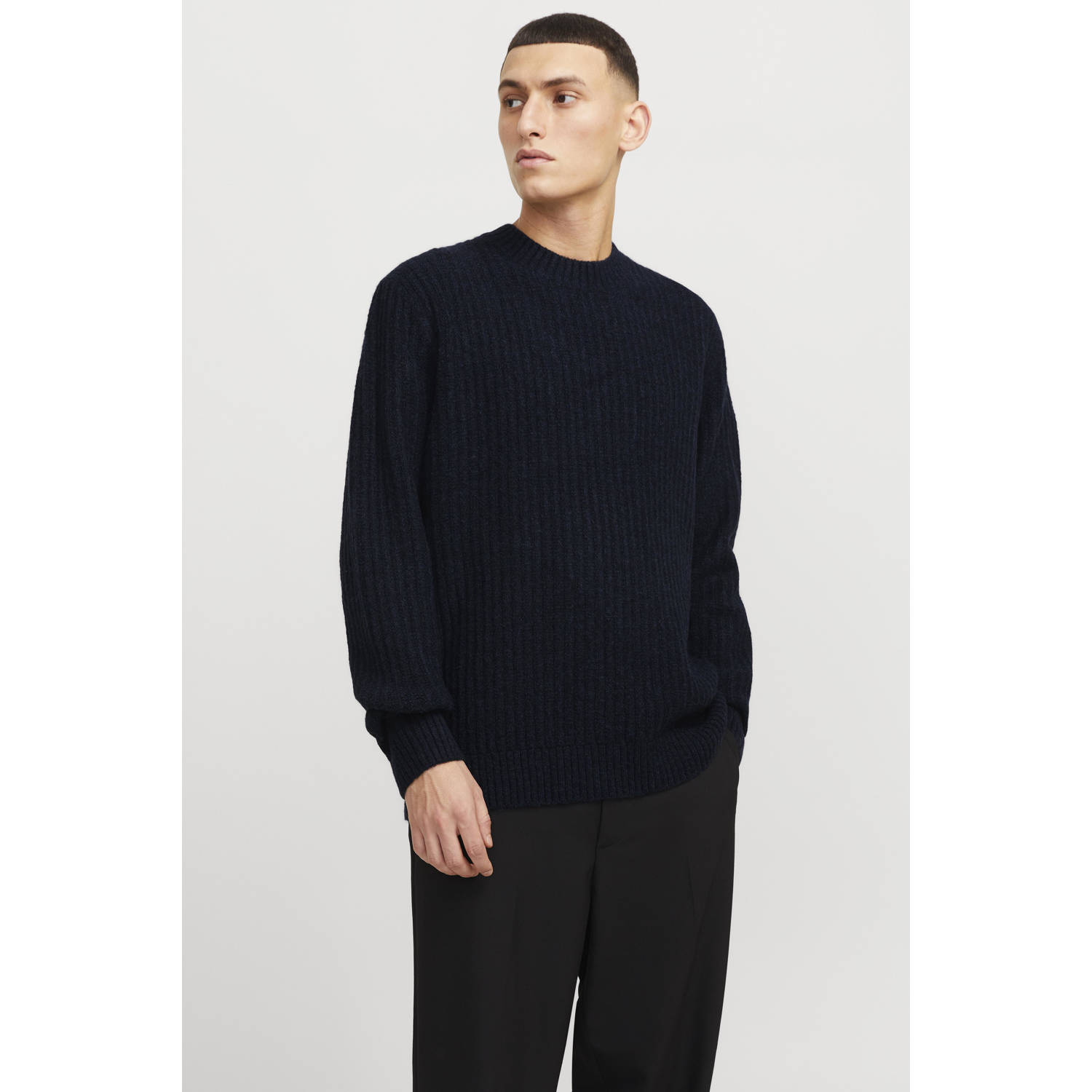 JACK & JONES PREMIUM trui donkerblauw grof gebreid