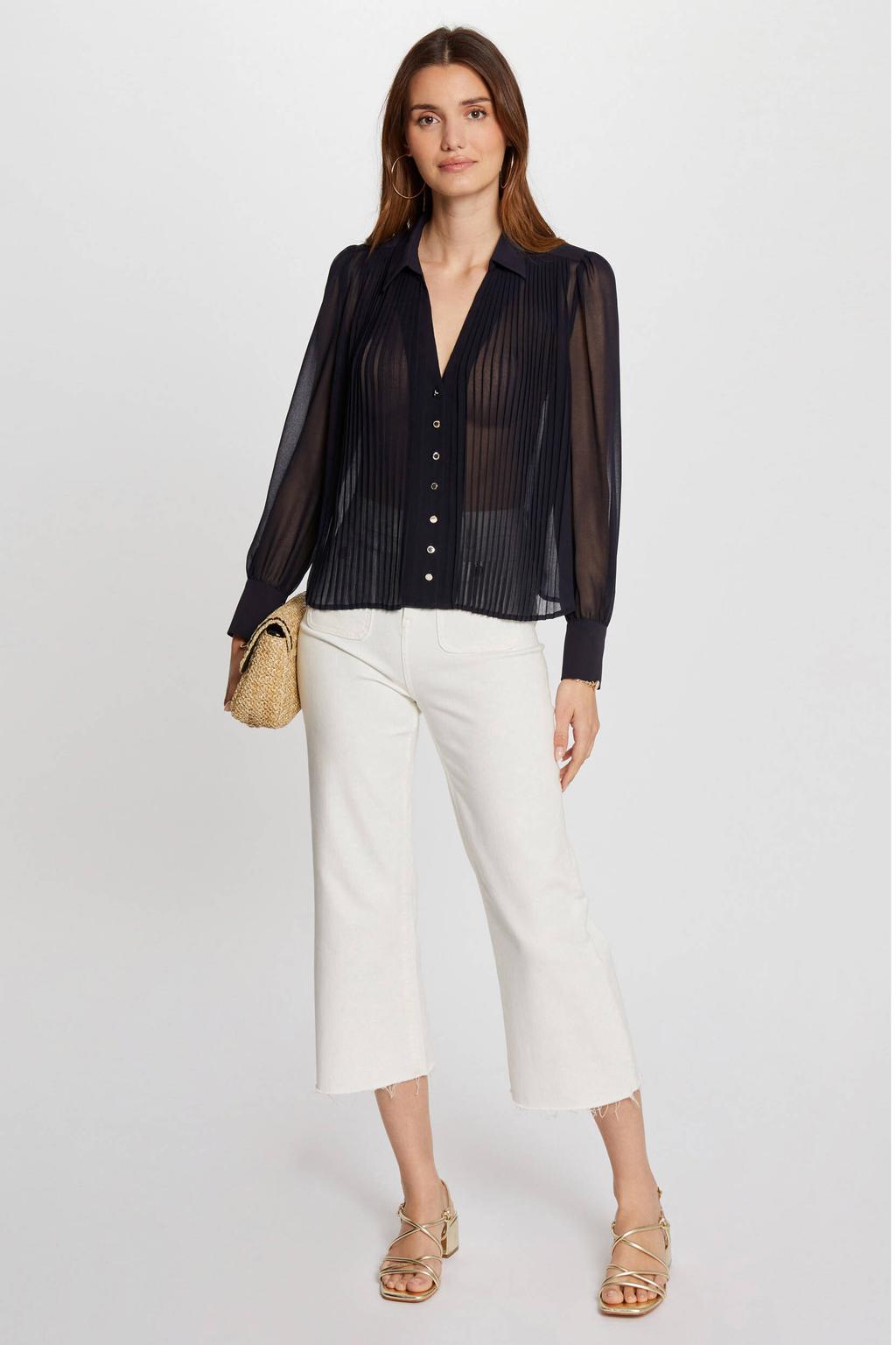 Marineblauw dames Morgan blouse blauw van polyester met effen, lange mouwen, klassieke kraag, knoopsluiting en semi-transparante details