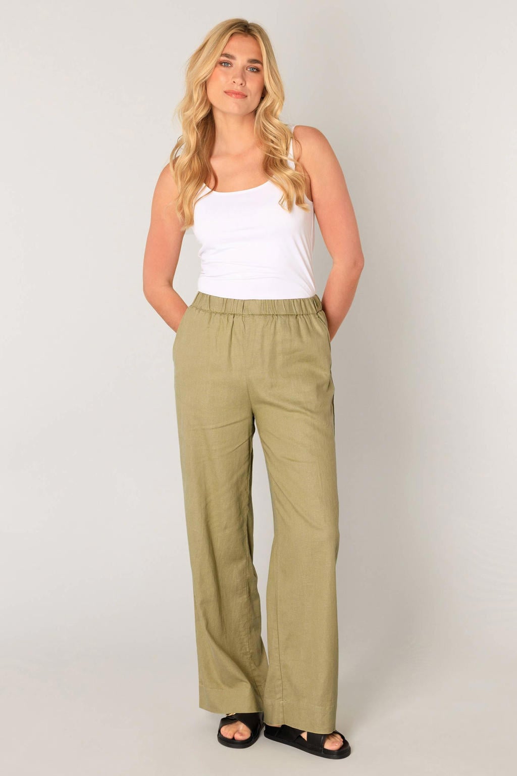 Groene dames Base Level wide leg regular waist casual broek van linnen met effen