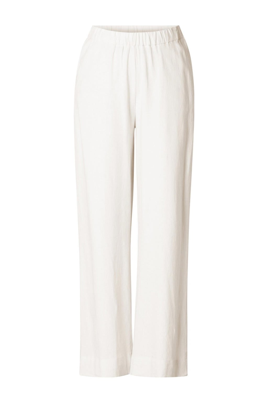Witte dames Base Level Curvy regular high waist casual broek van linnen met elastische tailleband en effen