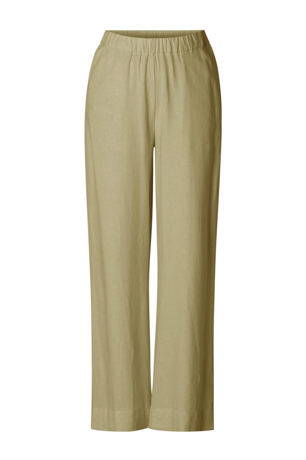 Groene dames Base Level Curvy regular high waist casual broek van linnen met elastische tailleband en effen