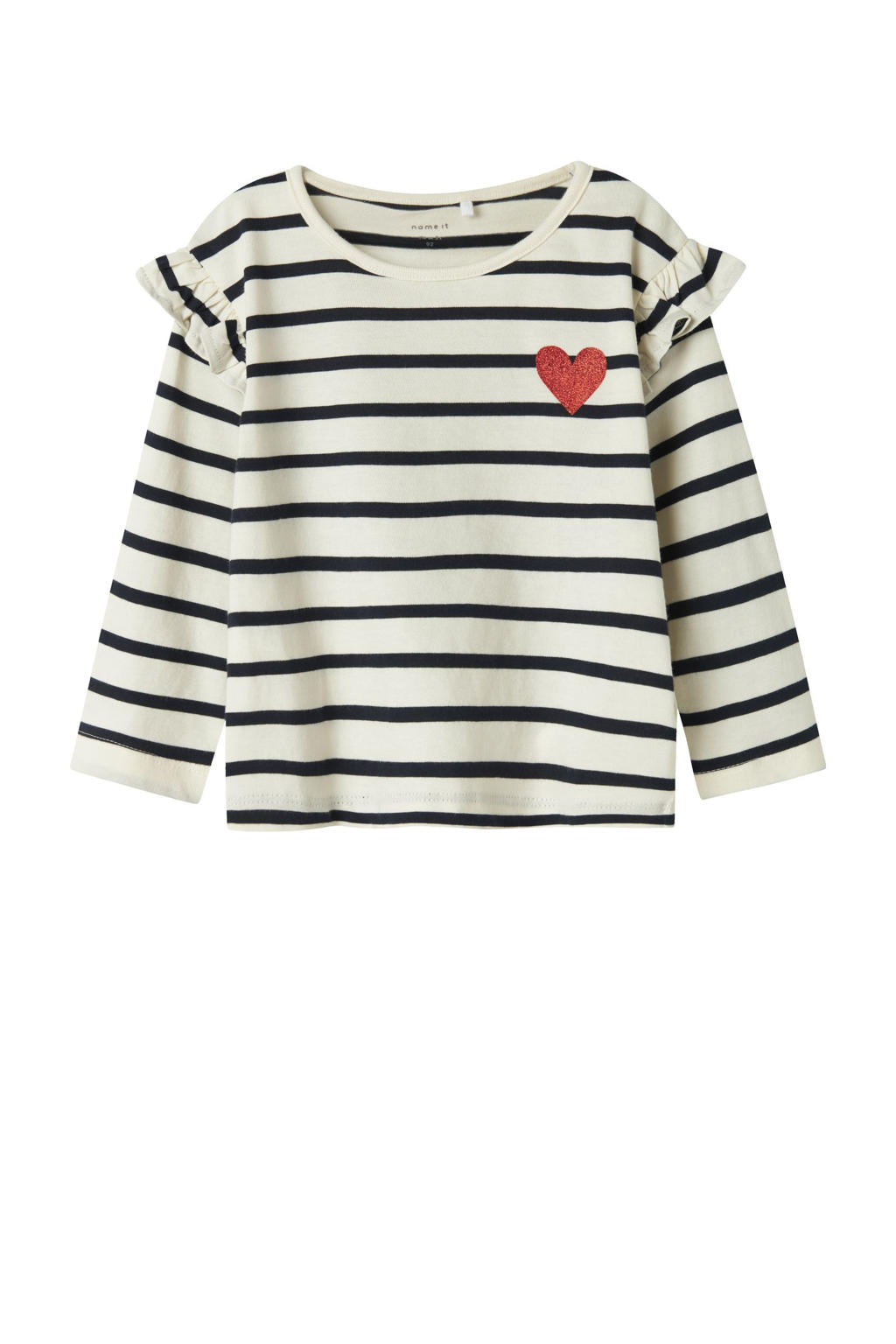 Ecru en zwarte meisjes NAME IT MINI longsleeve van katoen met strepenprint, lange mouwen en ronde hals