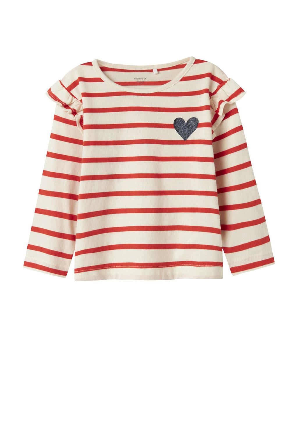 Ecru en rode meisjes NAME IT MINI longsleeve van katoen met strepenprint, lange mouwen en ronde hals