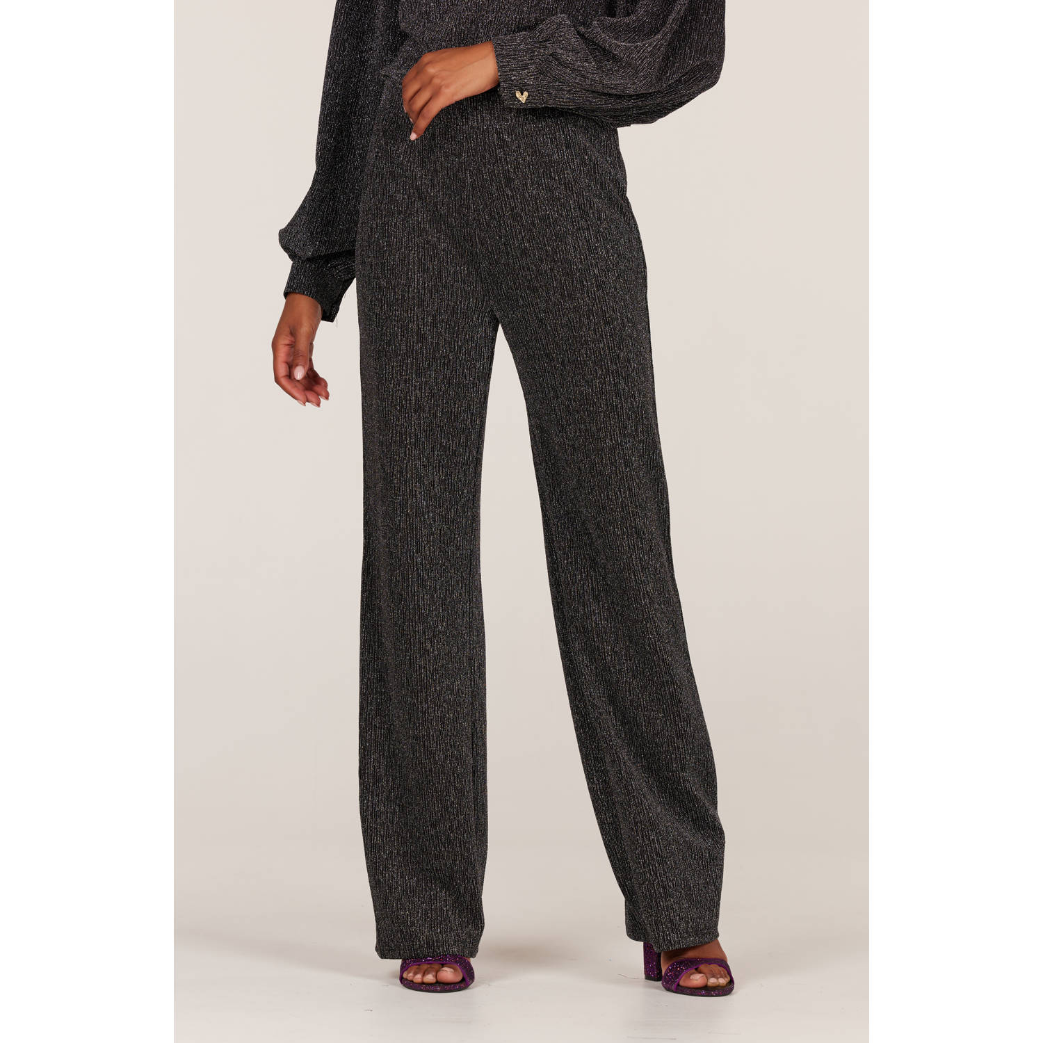 JANSEN Amsterdam wide leg broek glitters zwart zilver