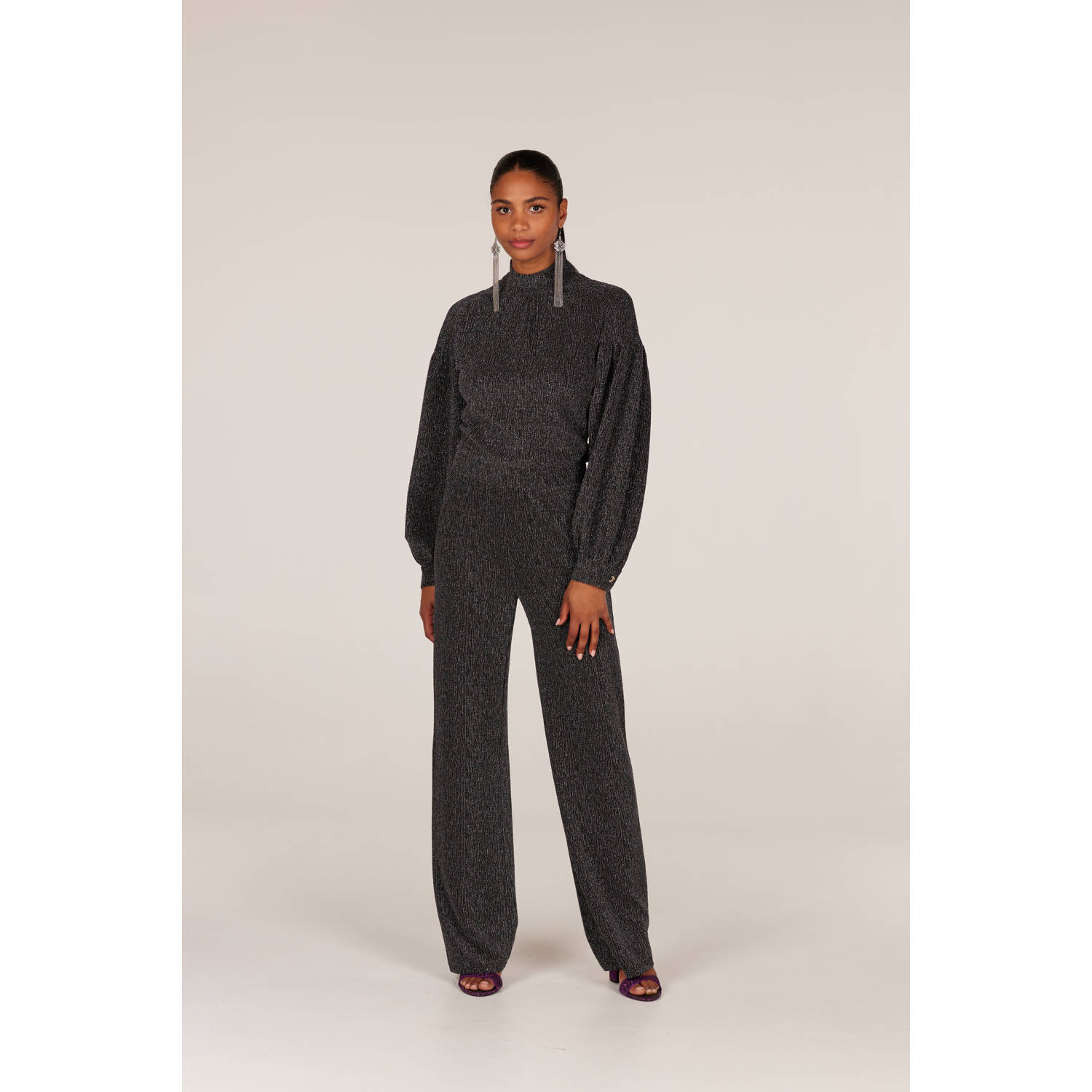 JANSEN Amsterdam wide leg broek glitters zwart zilver