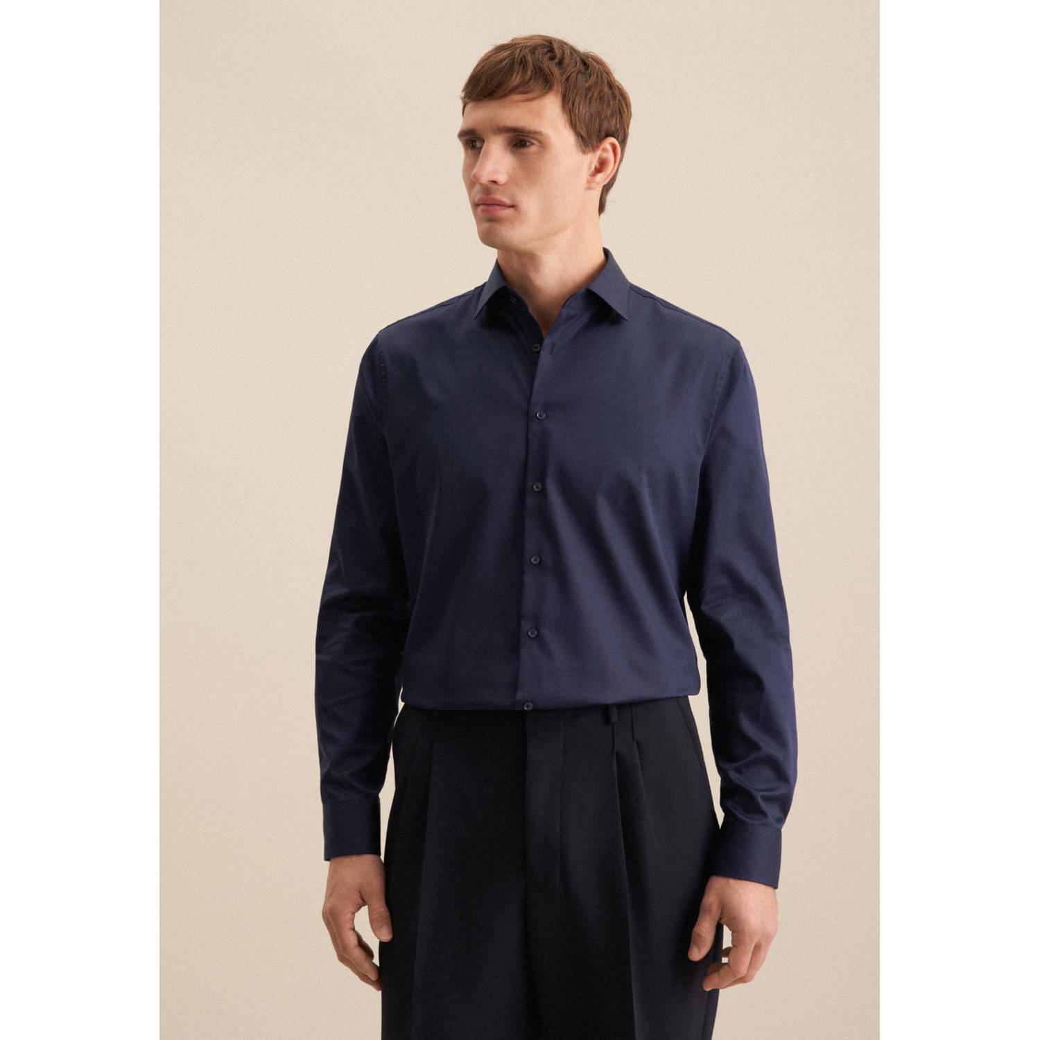 Seidensticker shaped fit overhemd donkerblauw