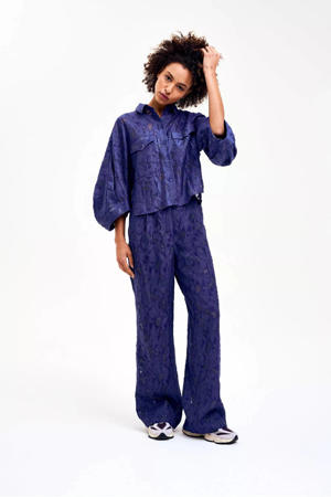wide leg high waist casual broek blauw