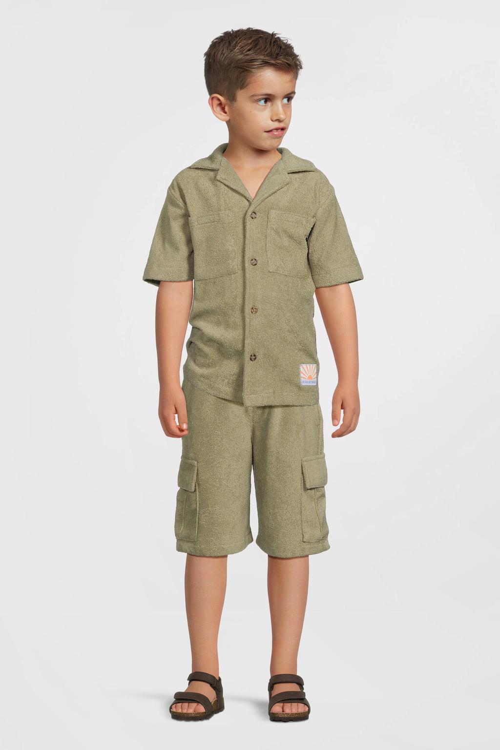 Kakikleurige jongens Me & My Monkey short van badstof van katoen met elastische tailleband met koord