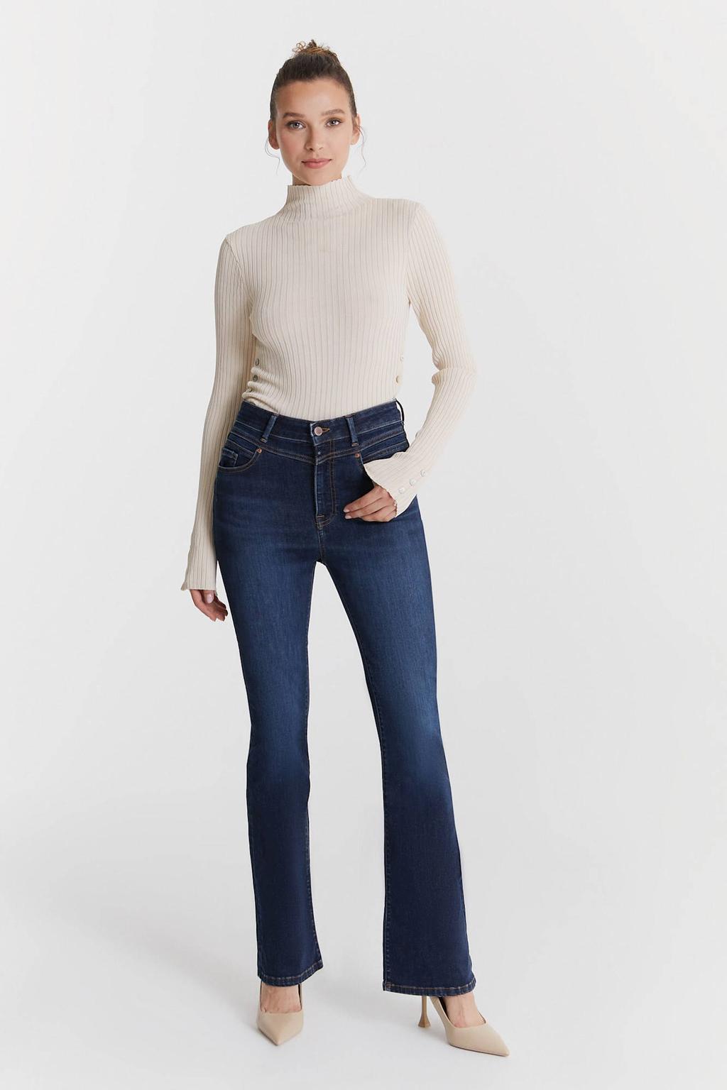 Dark blue denim dames Cup of Joe Denim high flared jeans dark blue met rits- en knoopsluiting en effen