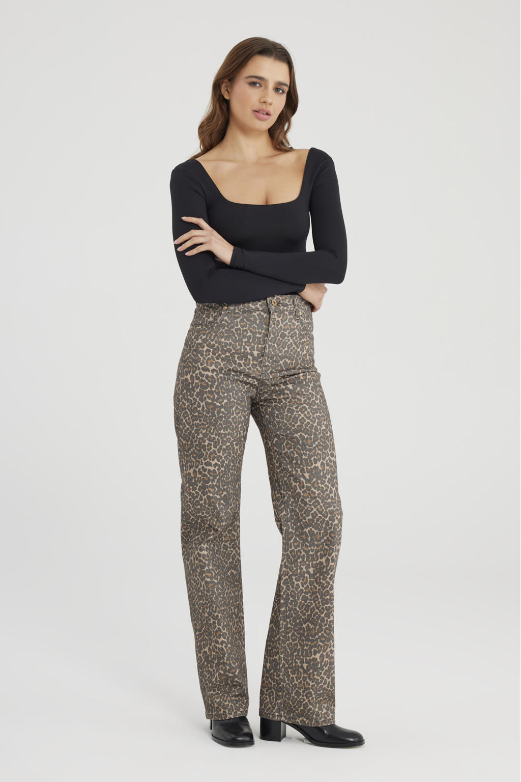 Bruine dames Cup of Joe Denim high straight leg jeans met rits- en knoopsluiting en panterprint