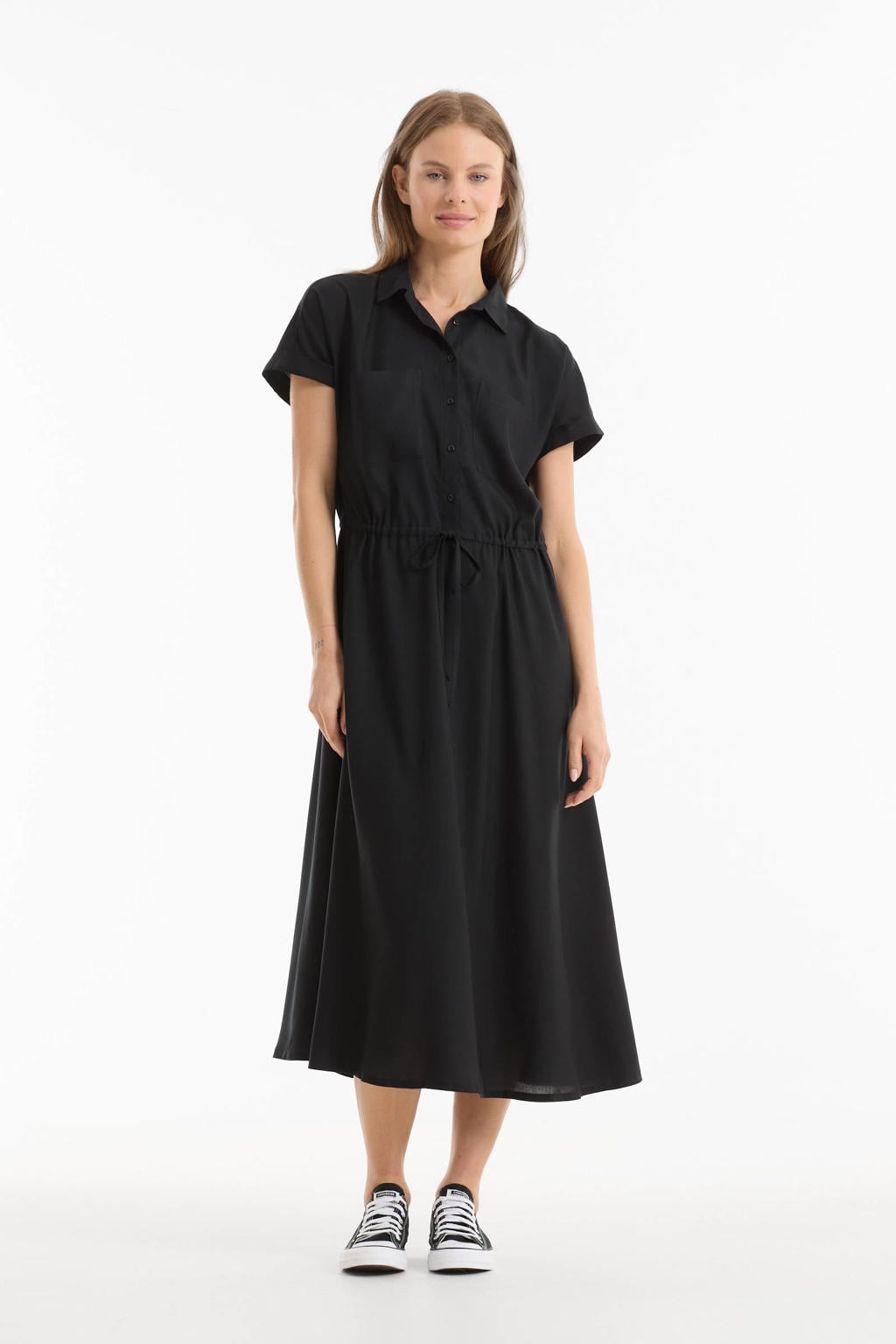 Zwarte dames Anytime blousejurk van viscose met effen, korte mouwen, klassieke kraag en knoopsluiting