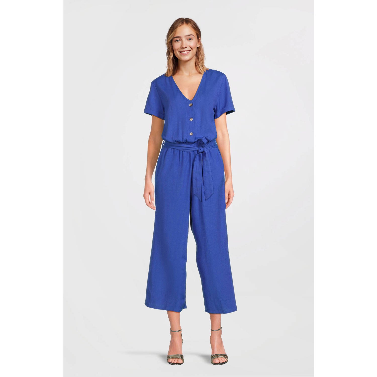 Anytime linnen jumpsuit blauw