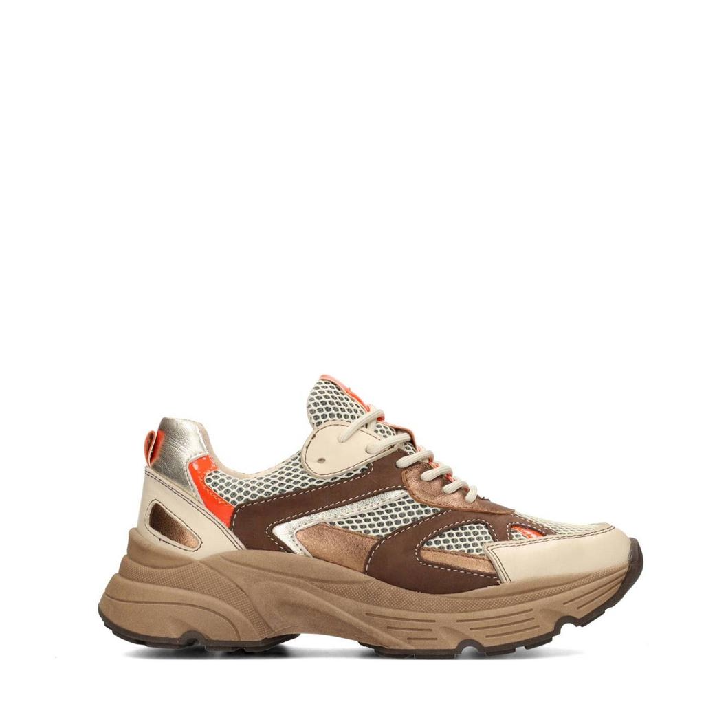 Bruin en oranje dames PS Poelman Tokio leren sneakers met veters