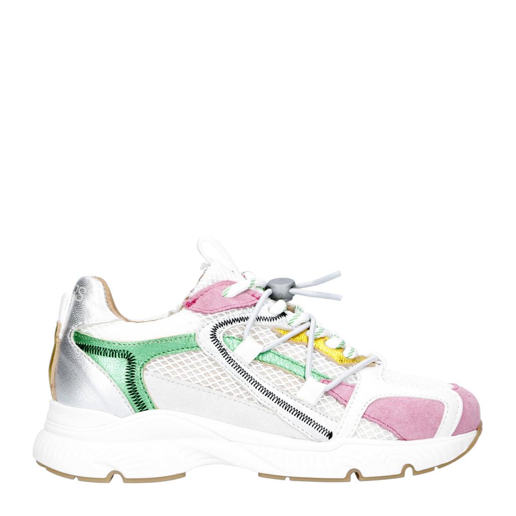 Roze en groene meisjes DWRS Isola chunky leren sneakers met veters